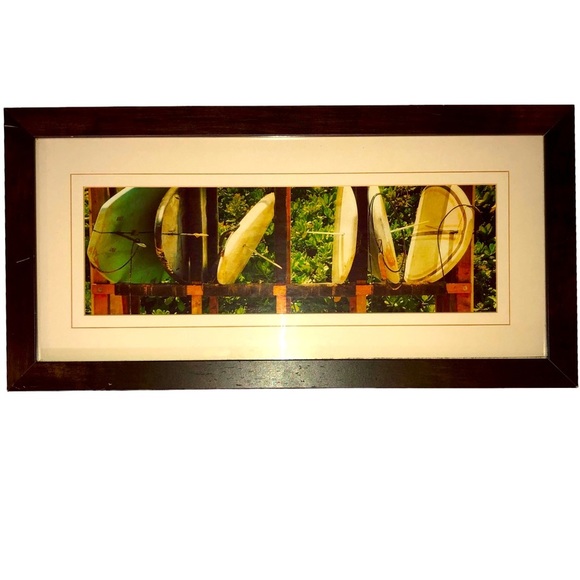 𝅺Vintage Surfboard Wood Frame Wall Art Dark Finish Ivory Mat Coastal Surf Decor - Picture 1 of 13